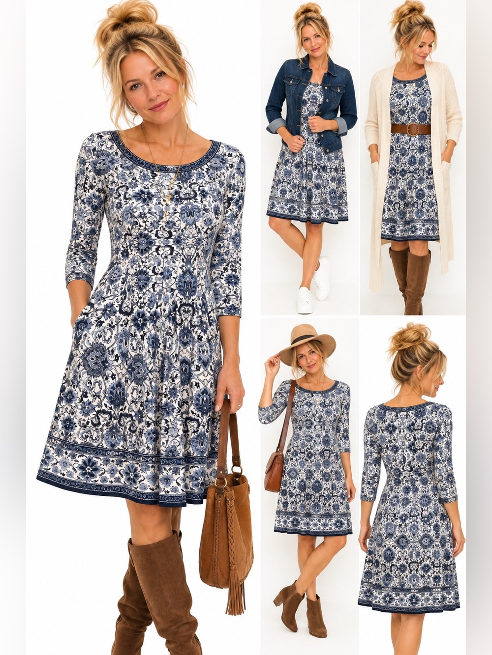 Max Studio Blue White Paisley Floral Fit & Flare Dress Size Small Estimated
